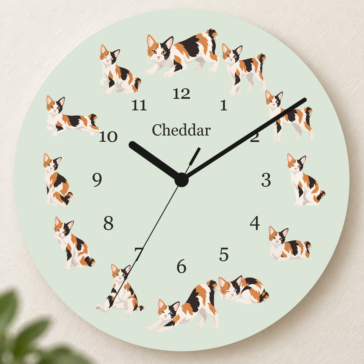 Personalized Japanese Bobtail Cat Wall Clock, Custom Pet Name, 11.6 Inch Wooden Clock — Pale Sage background