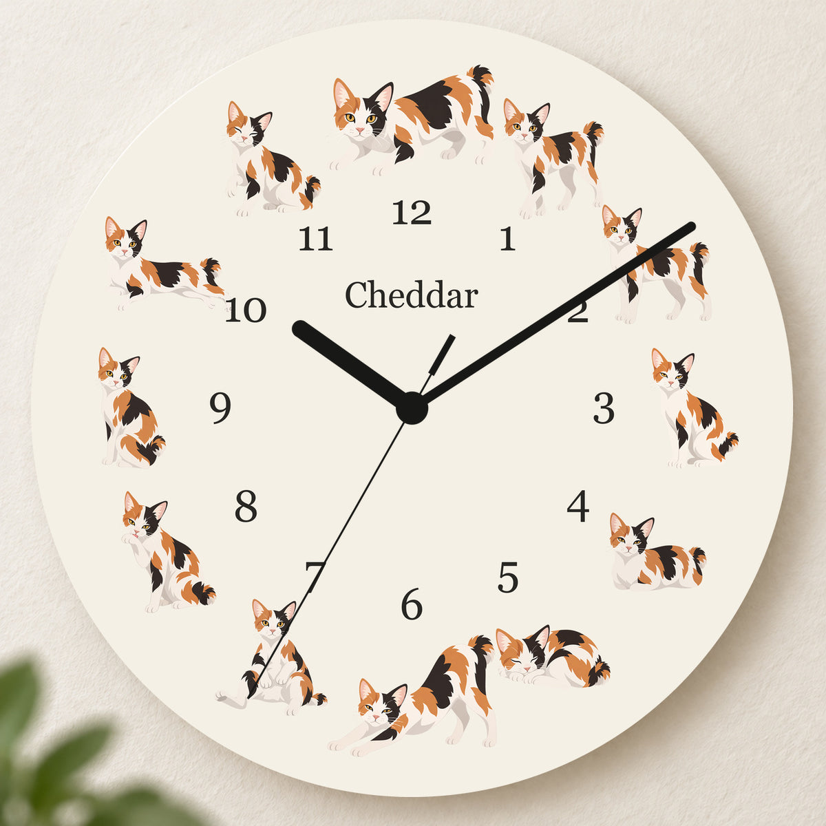 Personalized Japanese Bobtail Cat Wall Clock, Custom Pet Name, 11.6 Inch Wooden Clock — Warm Ivory background