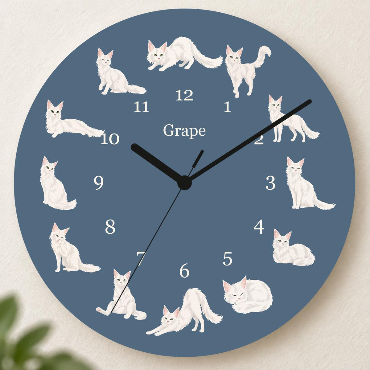Personalized Turkish Angora Cat wooden wall clock with example name Grape; hero