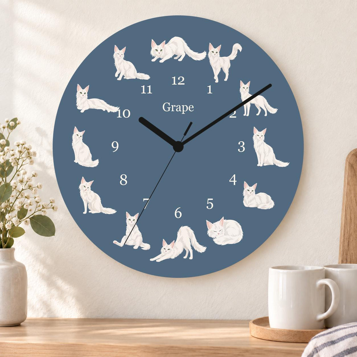 Personalized Turkish Angora Cat wooden wall clock with example name Grape; kitchen