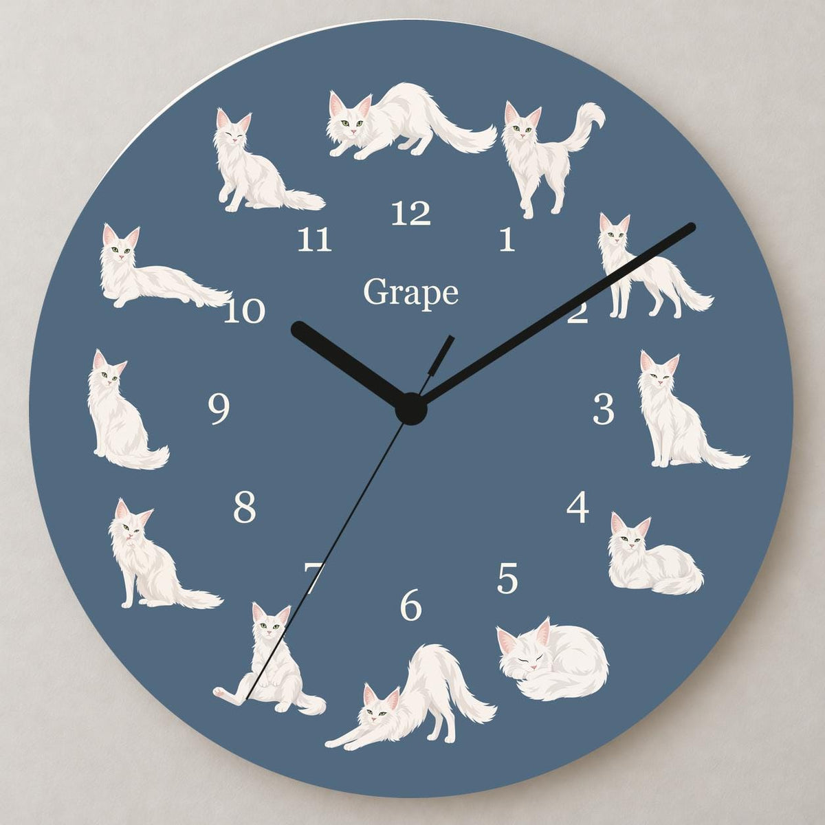 Personalized Turkish Angora Cat wooden wall clock with example name Grape; close up