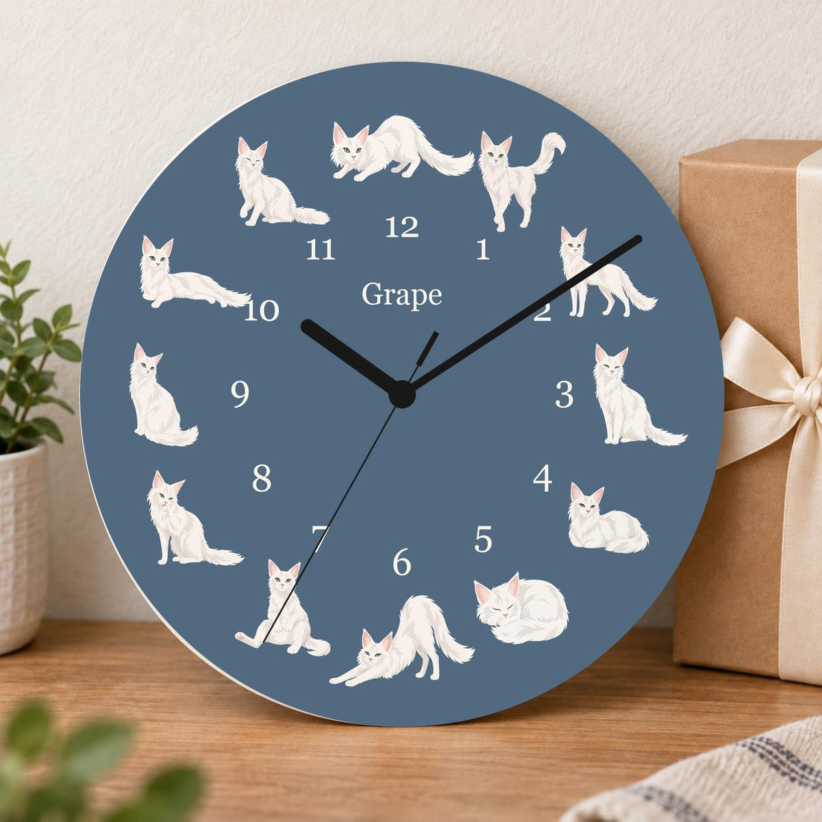 Personalized Turkish Angora Cat wooden wall clock with example name Grape; gift