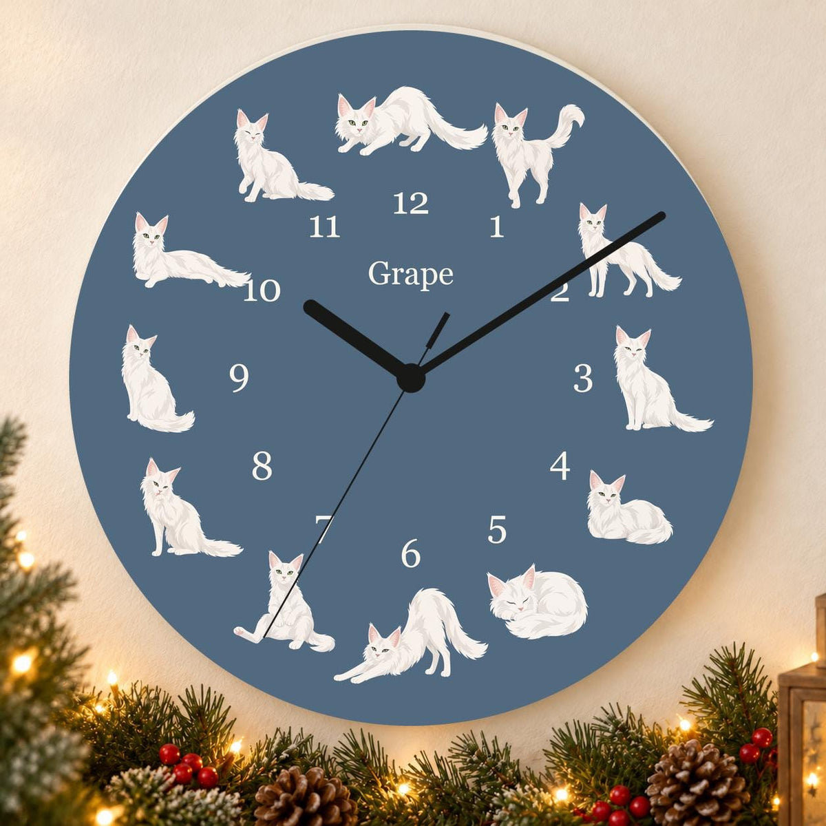 Personalized Turkish Angora Cat wooden wall clock with example name Grape; holiday