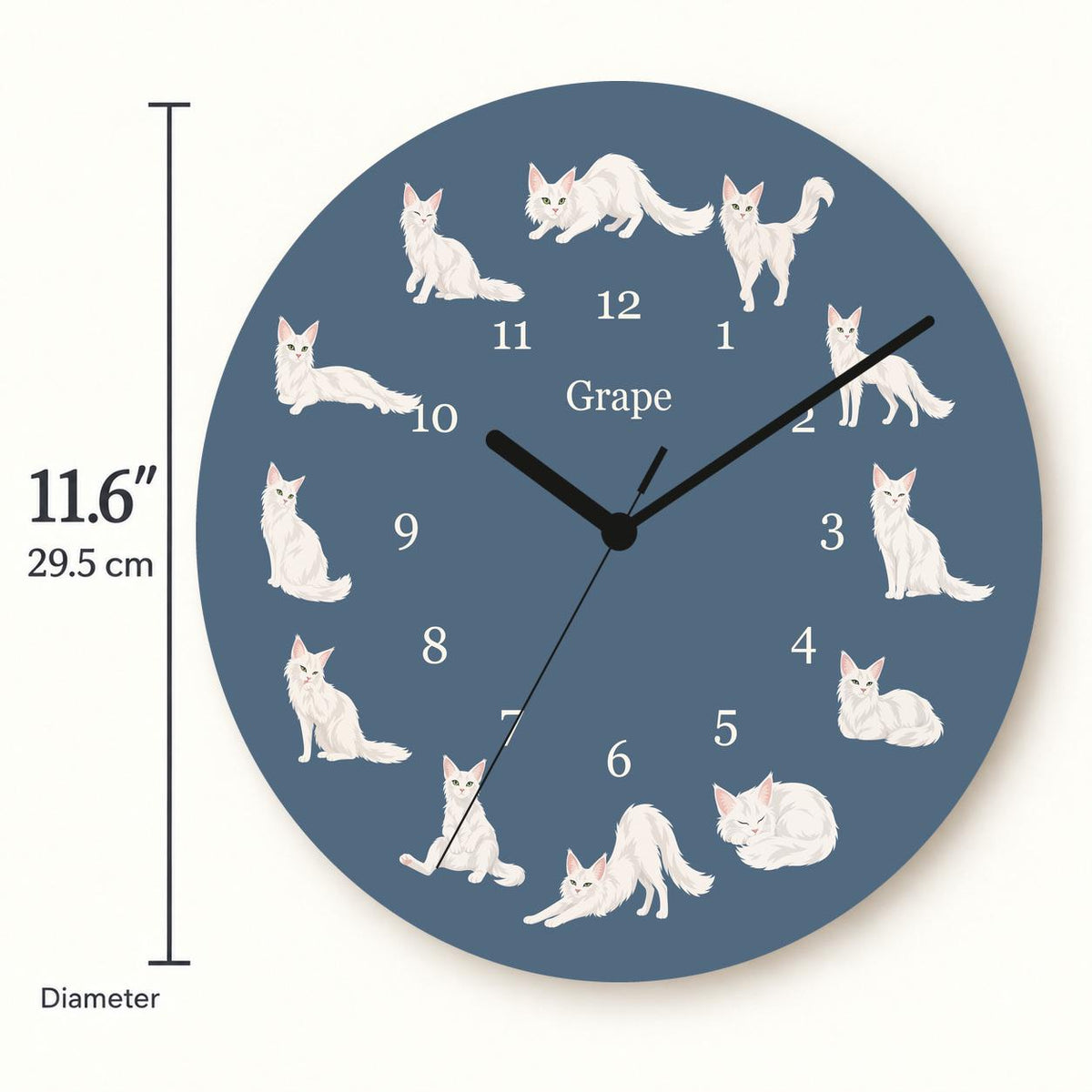 Personalized Turkish Angora Cat wooden wall clock with example name Grape; size