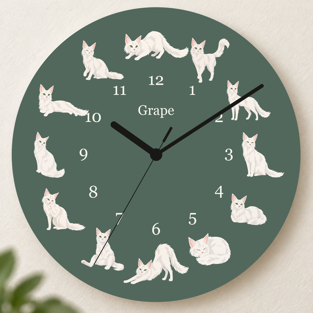 Personalized Turkish Angora Cat Wall Clock, Custom Pet Name, 11.6 Inch Wooden Clock — Deep Sage background