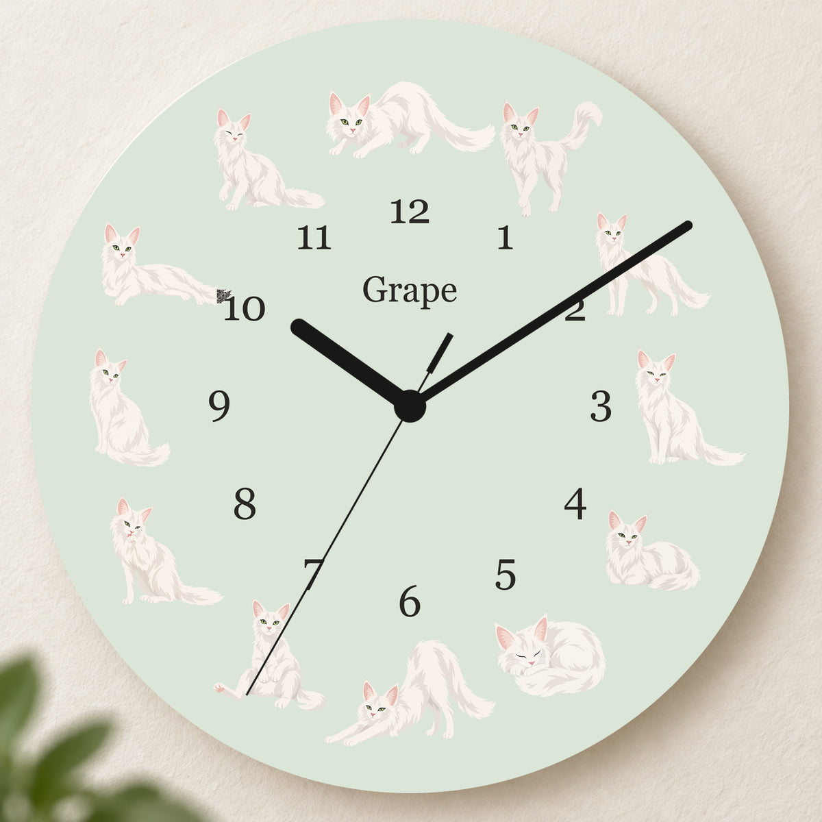 Personalized Turkish Angora Cat Wall Clock, Custom Pet Name, 11.6 Inch Wooden Clock — Pale Sage background