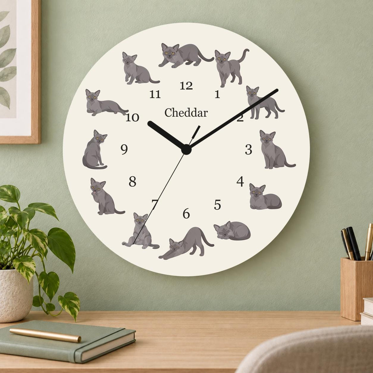 Personalized European Burmese Cat wooden wall clock with example name Cheddar; home office