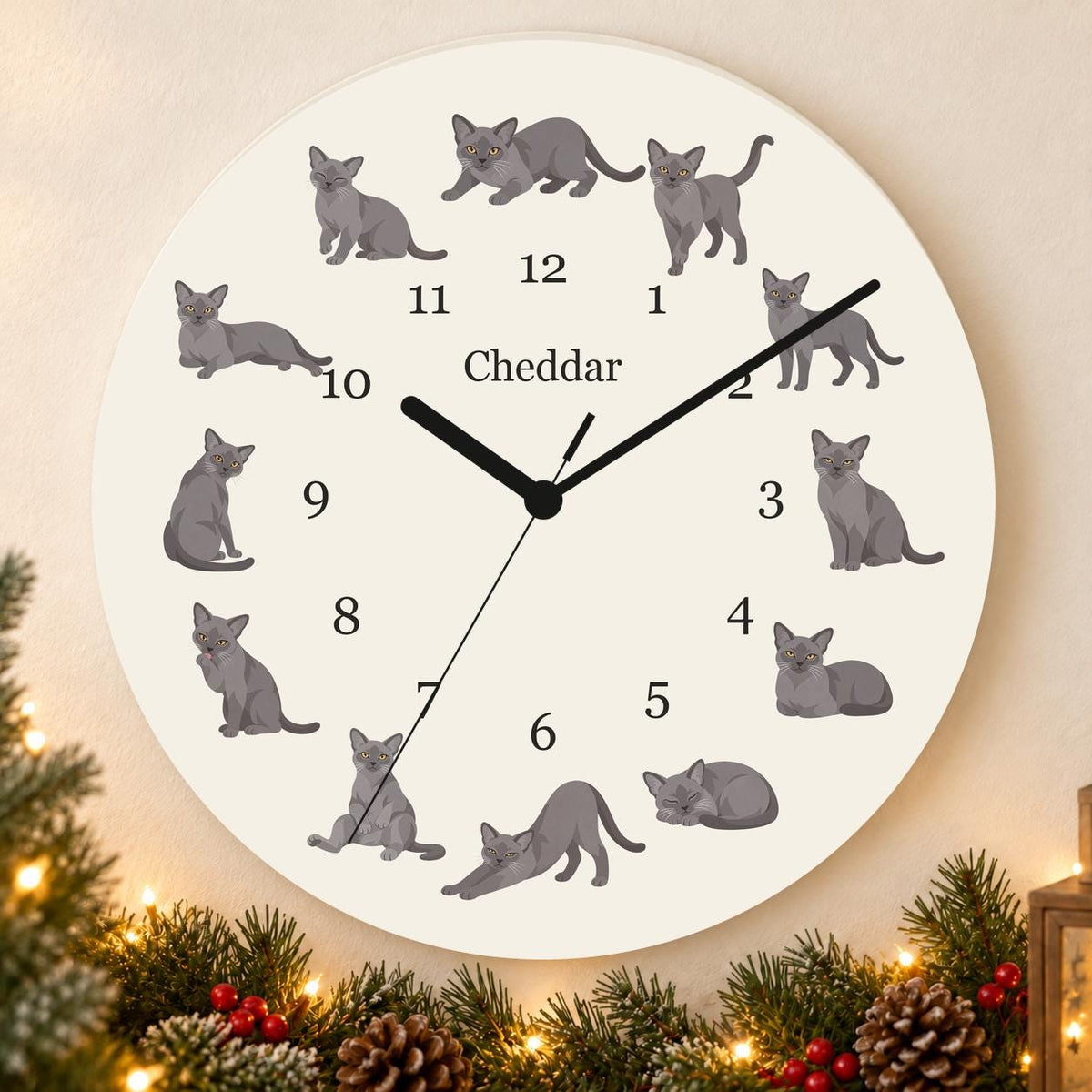Personalized European Burmese Cat wooden wall clock with example name Cheddar; holiday
