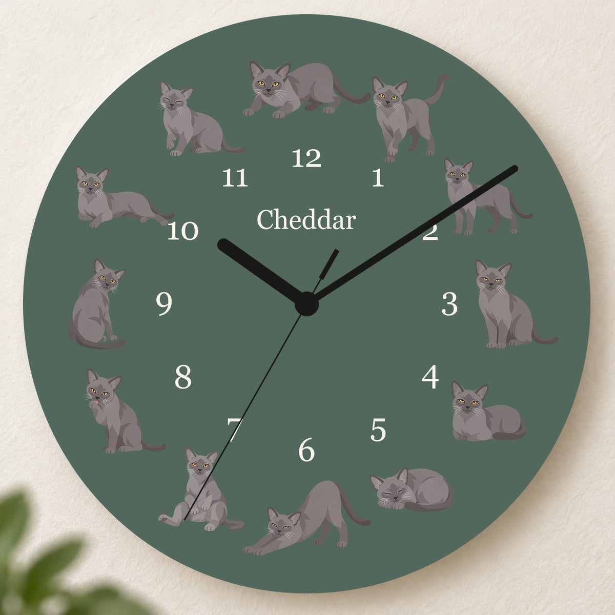 Personalized European Burmese Cat Wall Clock, Custom Pet Name, 11.6 Inch Wooden Clock — Deep Sage background