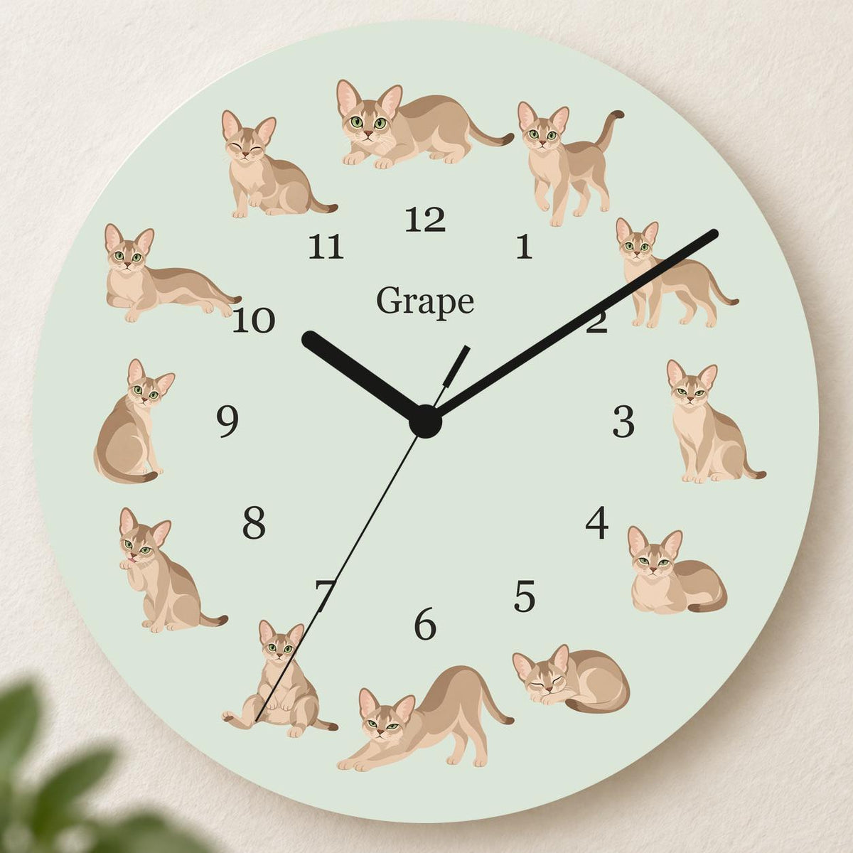 Personalized Singapura Cat wooden wall clock with example name Grape; hero