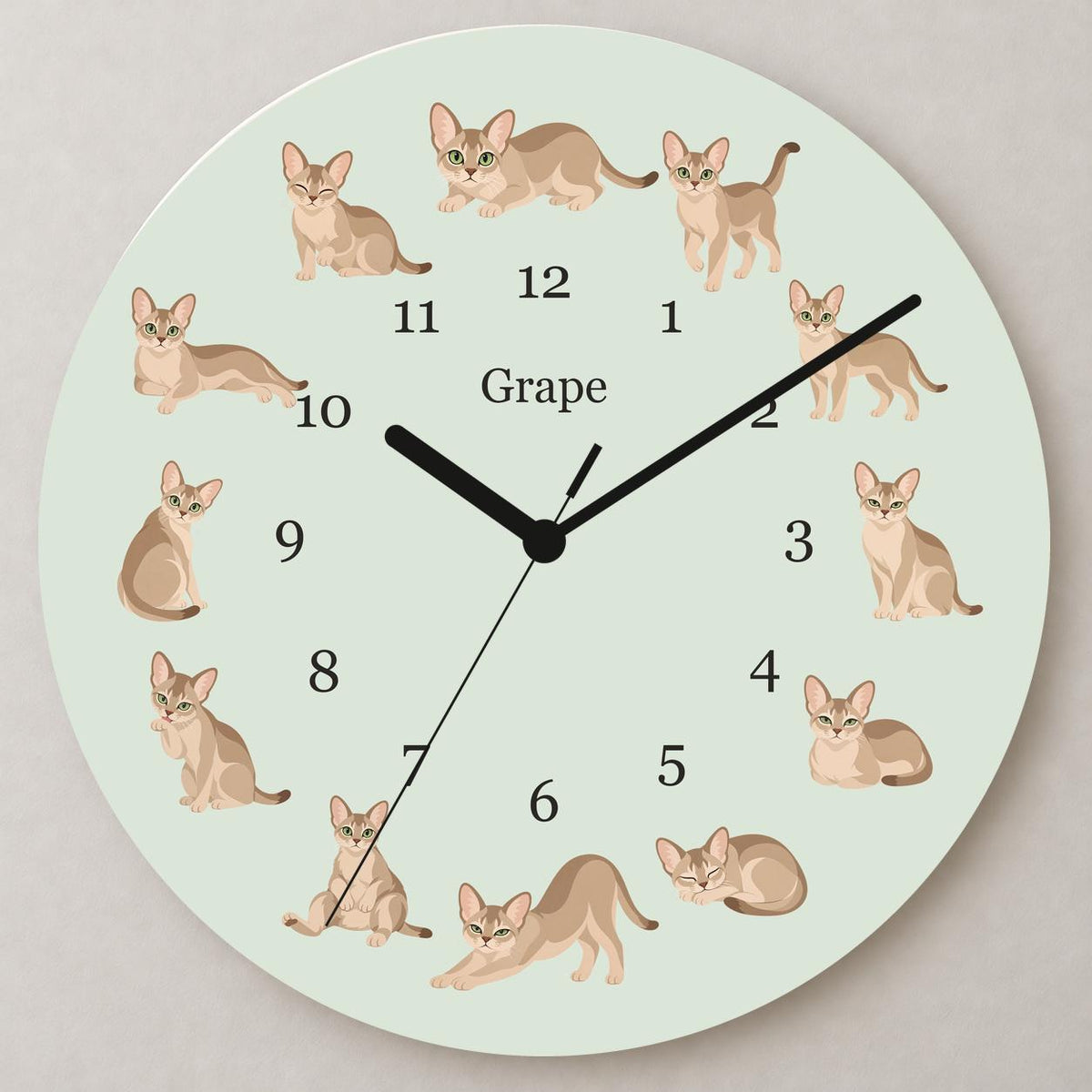 Personalized Singapura Cat wooden wall clock with example name Grape; close up