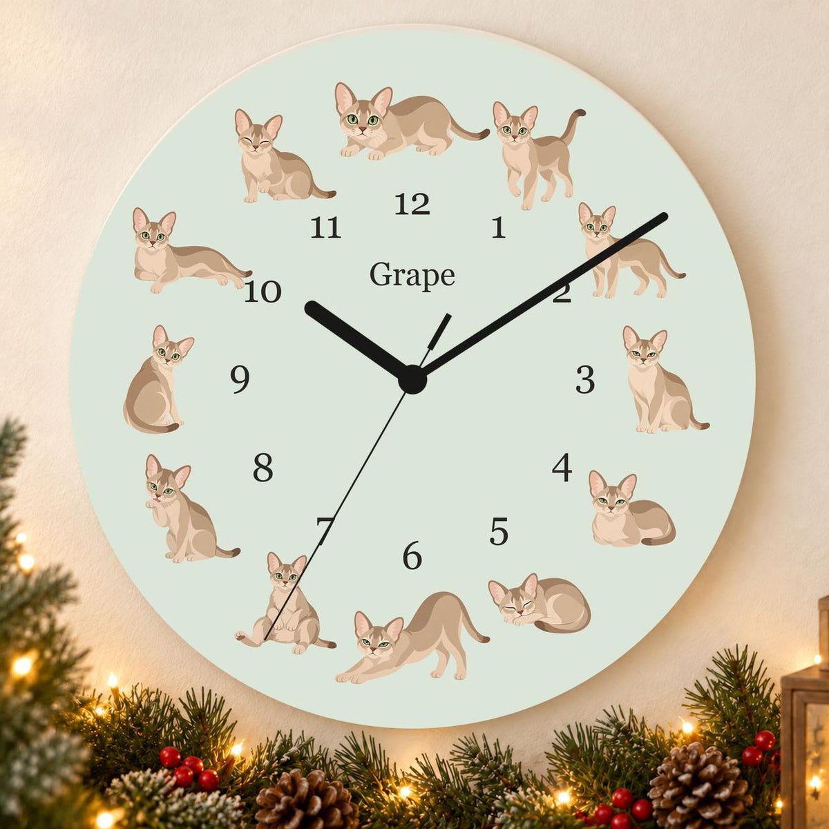 Personalized Singapura Cat wooden wall clock with example name Grape; holiday