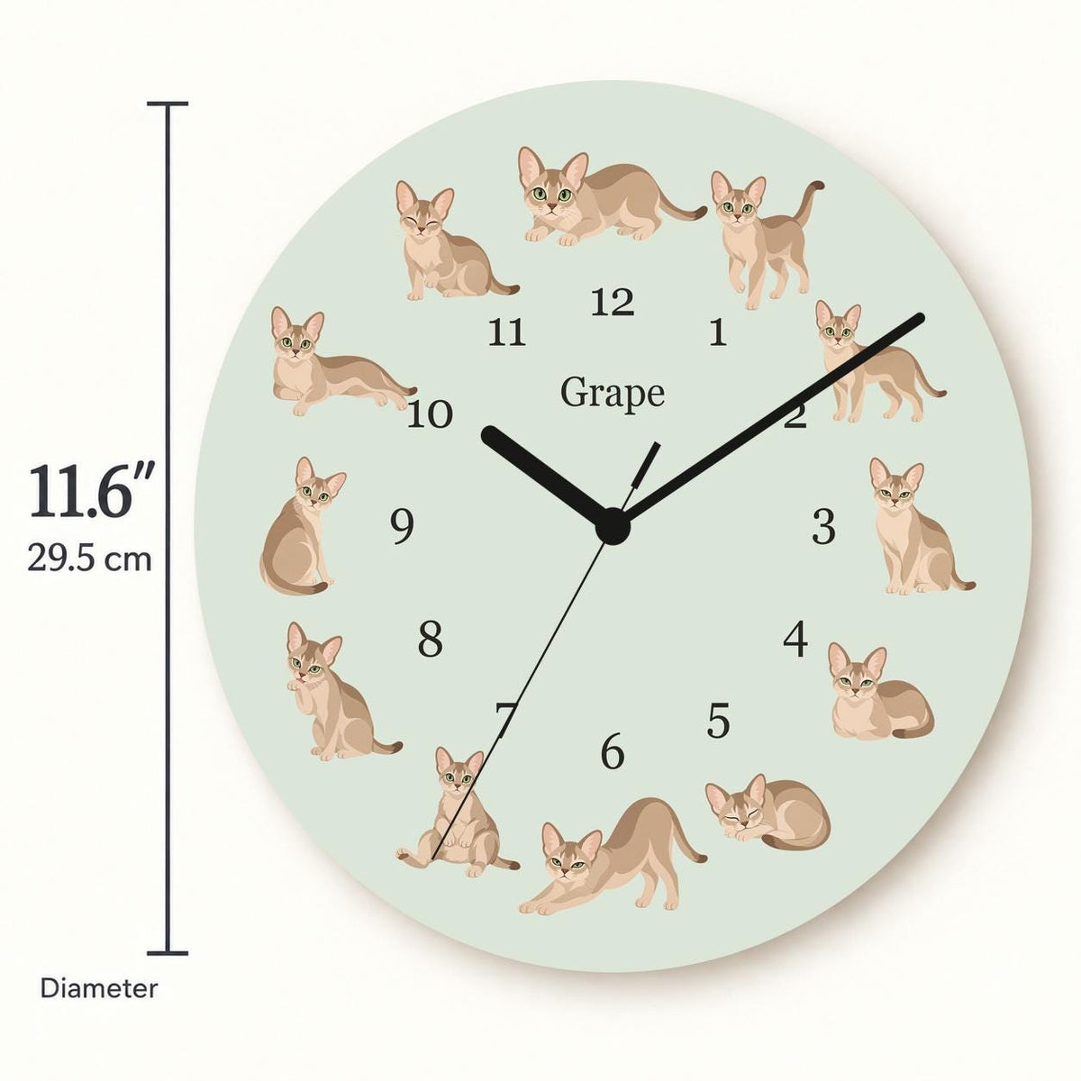 Personalized Singapura Cat wooden wall clock with example name Grape; size