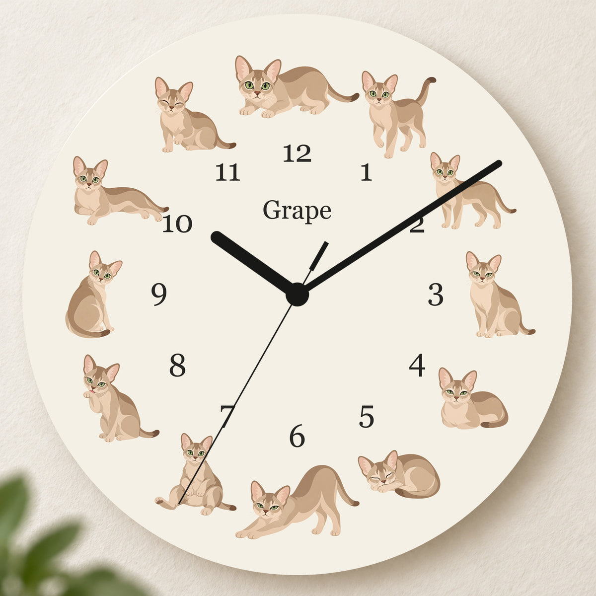 Personalized Singapura Cat Wall Clock, Custom Pet Name, 11.6 Inch Wooden Clock — Warm Ivory background
