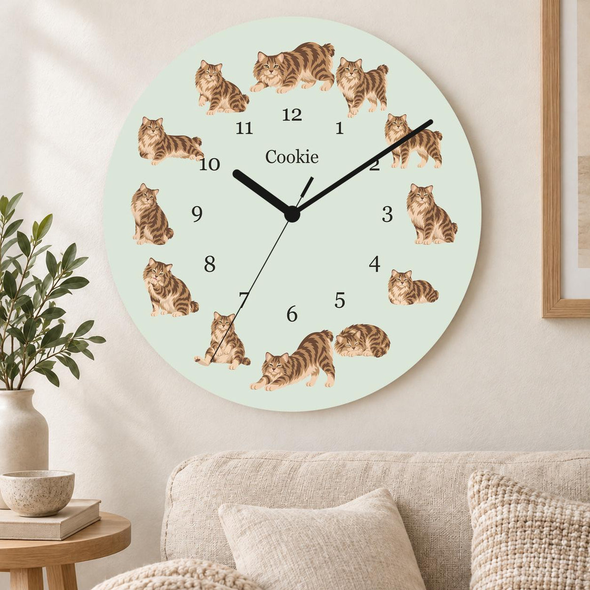Personalized American Bobtail Cat wooden wall clock with example name Cookie; living room