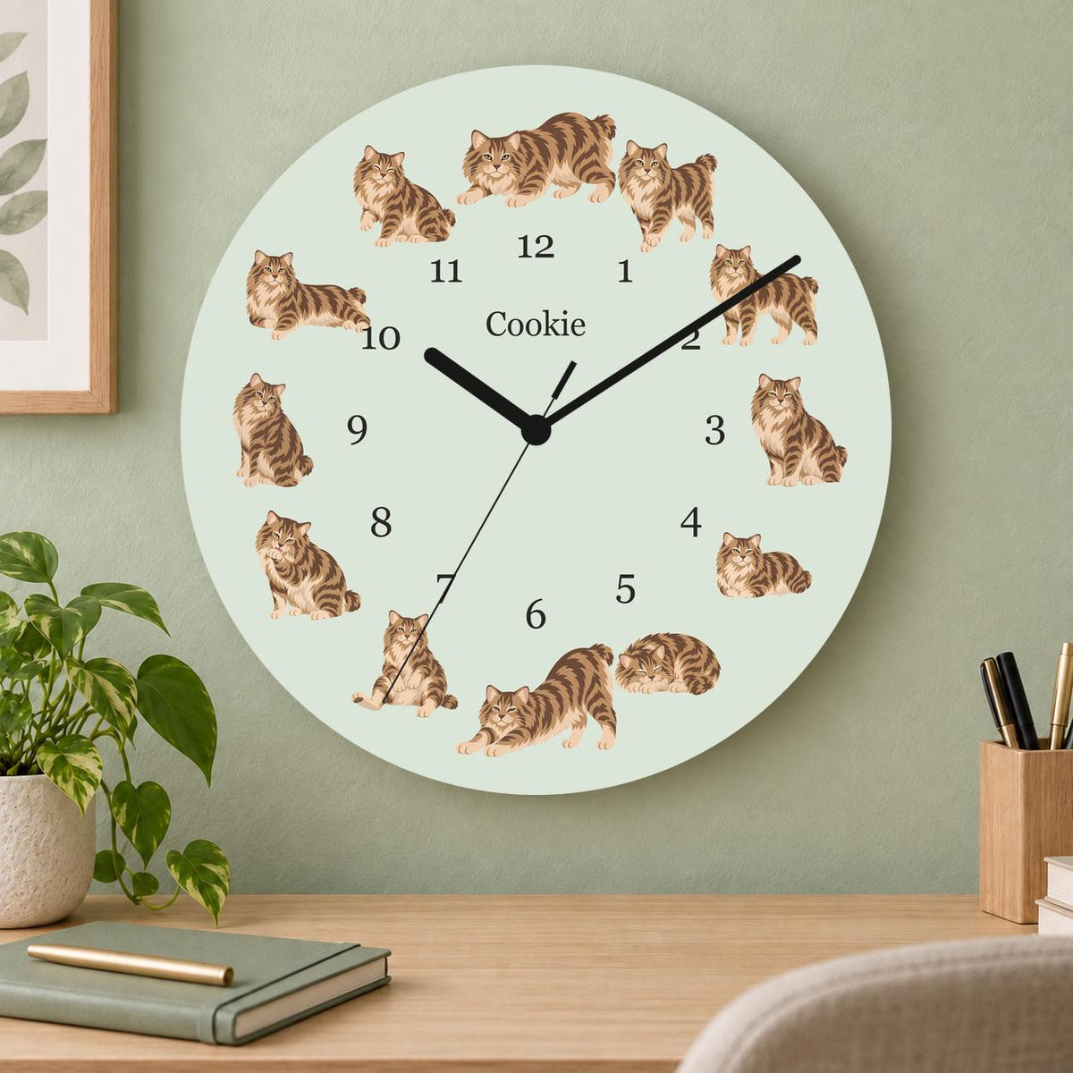 Personalized American Bobtail Cat wooden wall clock with example name Cookie; home office