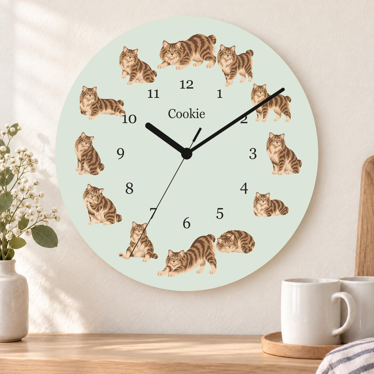 Personalized American Bobtail Cat wooden wall clock with example name Cookie; kitchen