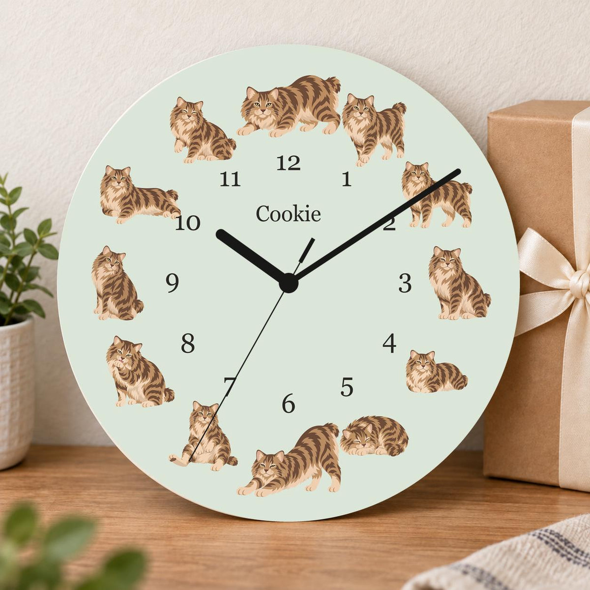 Personalized American Bobtail Cat wooden wall clock with example name Cookie; gift