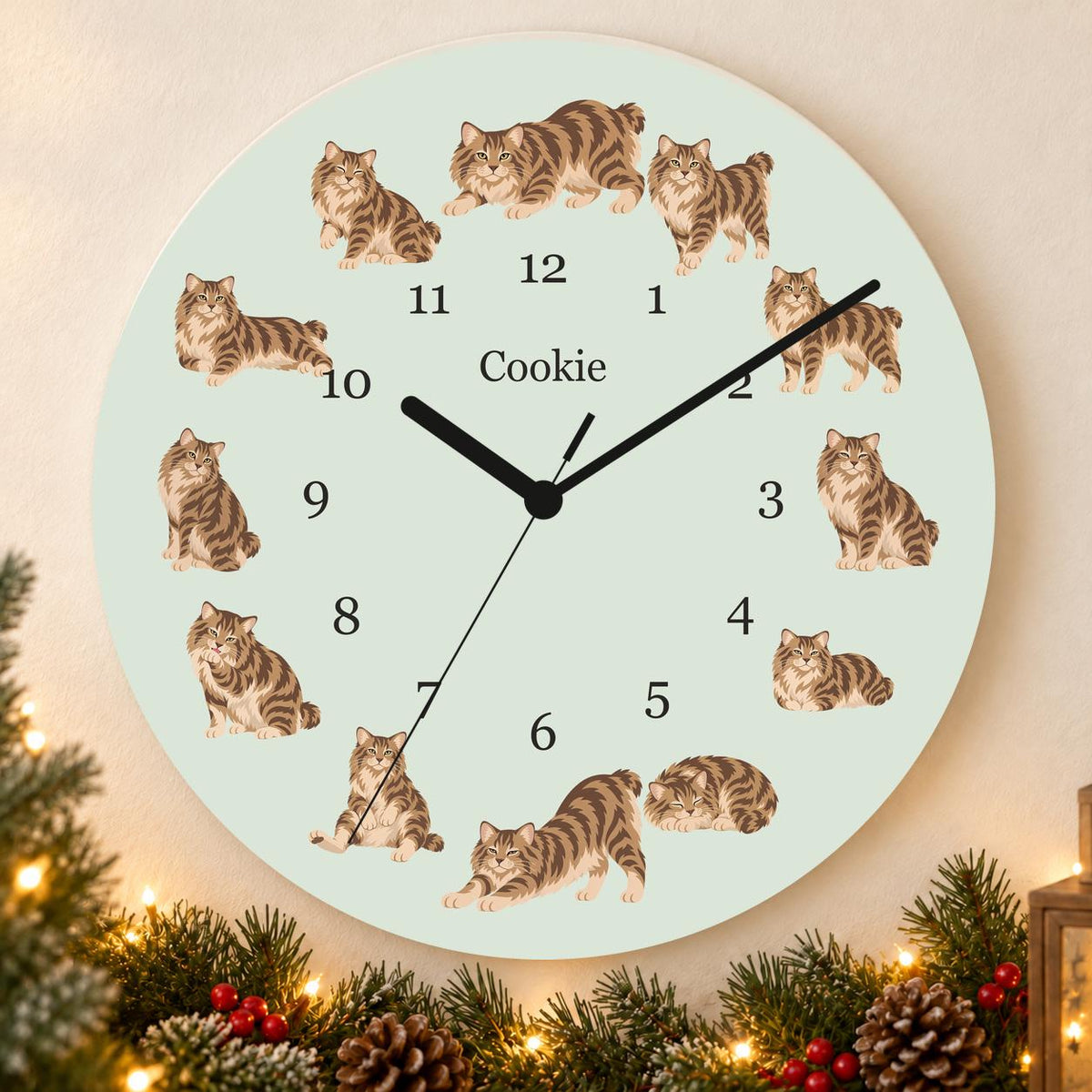 Personalized American Bobtail Cat wooden wall clock with example name Cookie; holiday