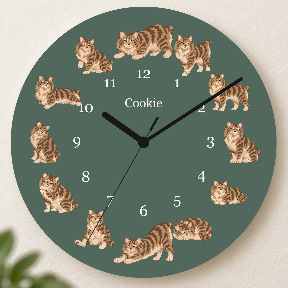 Personalized American Bobtail Cat Wall Clock, Custom Pet Name, 11.6 Inch Wooden Clock — Deep Sage background