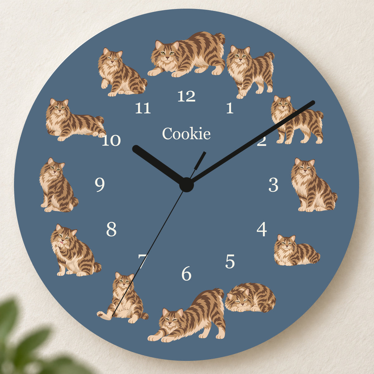 Personalized American Bobtail Cat Wall Clock, Custom Pet Name, 11.6 Inch Wooden Clock — Muted Denim background