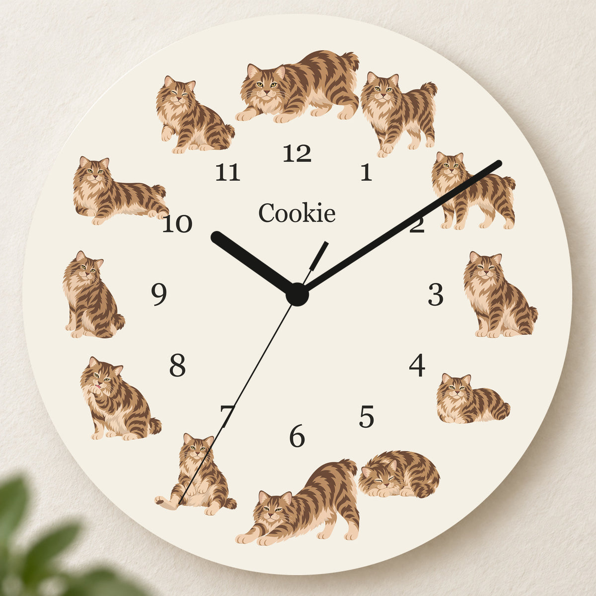 Personalized American Bobtail Cat Wall Clock, Custom Pet Name, 11.6 Inch Wooden Clock — Warm Ivory background