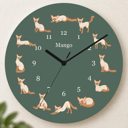 Personalized Javanese Cat wooden wall clock with example name Mango; hero