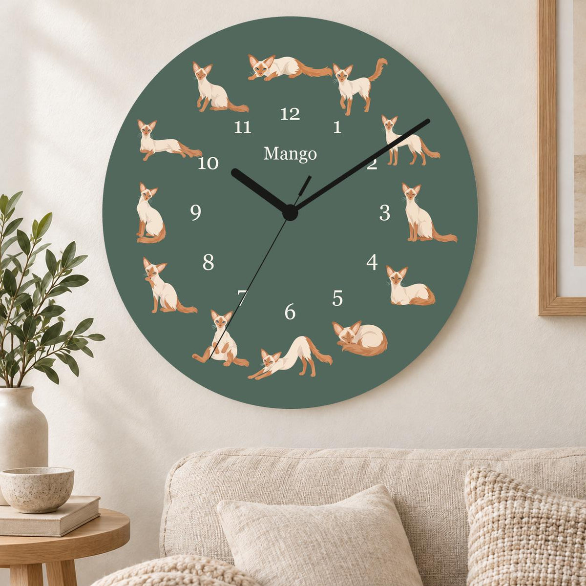 Personalized Javanese Cat wooden wall clock with example name Mango; living room