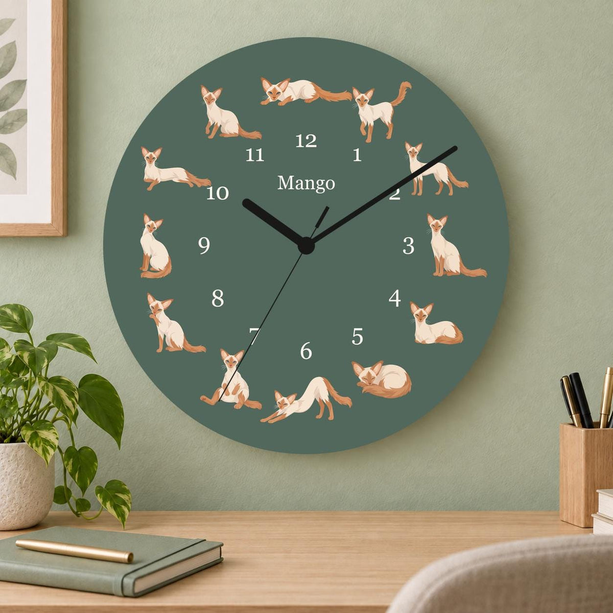 Personalized Javanese Cat wooden wall clock with example name Mango; home office