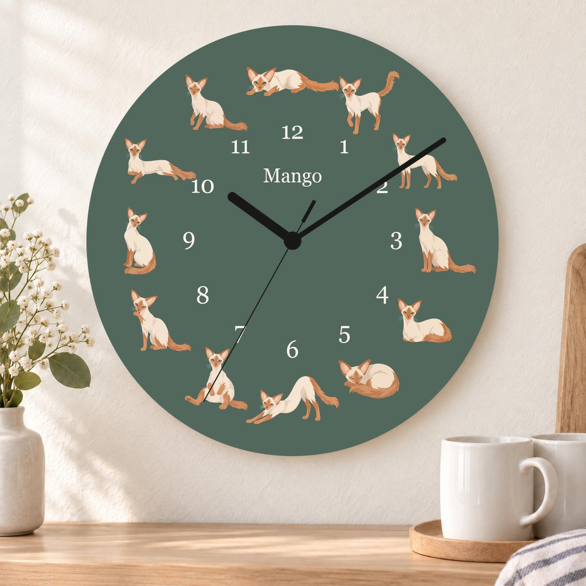Personalized Javanese Cat wooden wall clock with example name Mango; kitchen