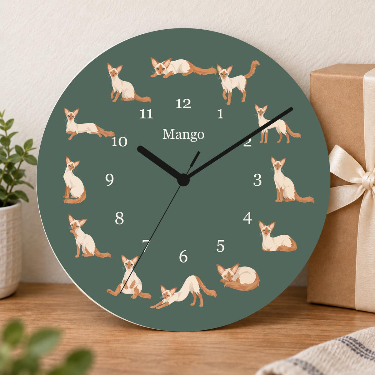 Personalized Javanese Cat wooden wall clock with example name Mango; gift