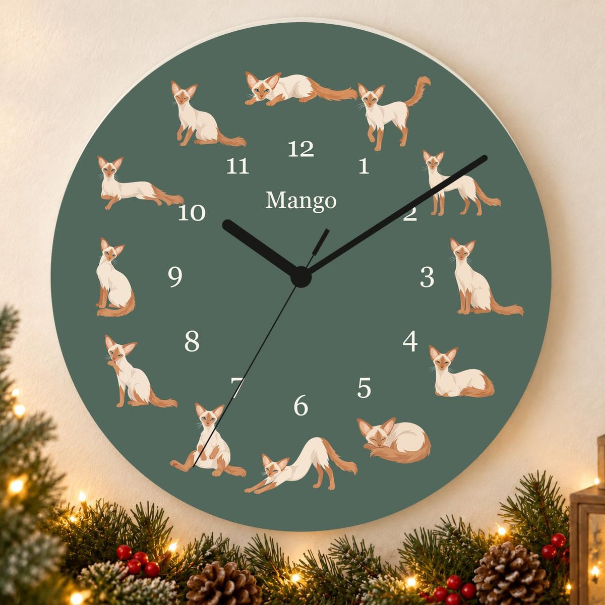 Personalized Javanese Cat wooden wall clock with example name Mango; holiday