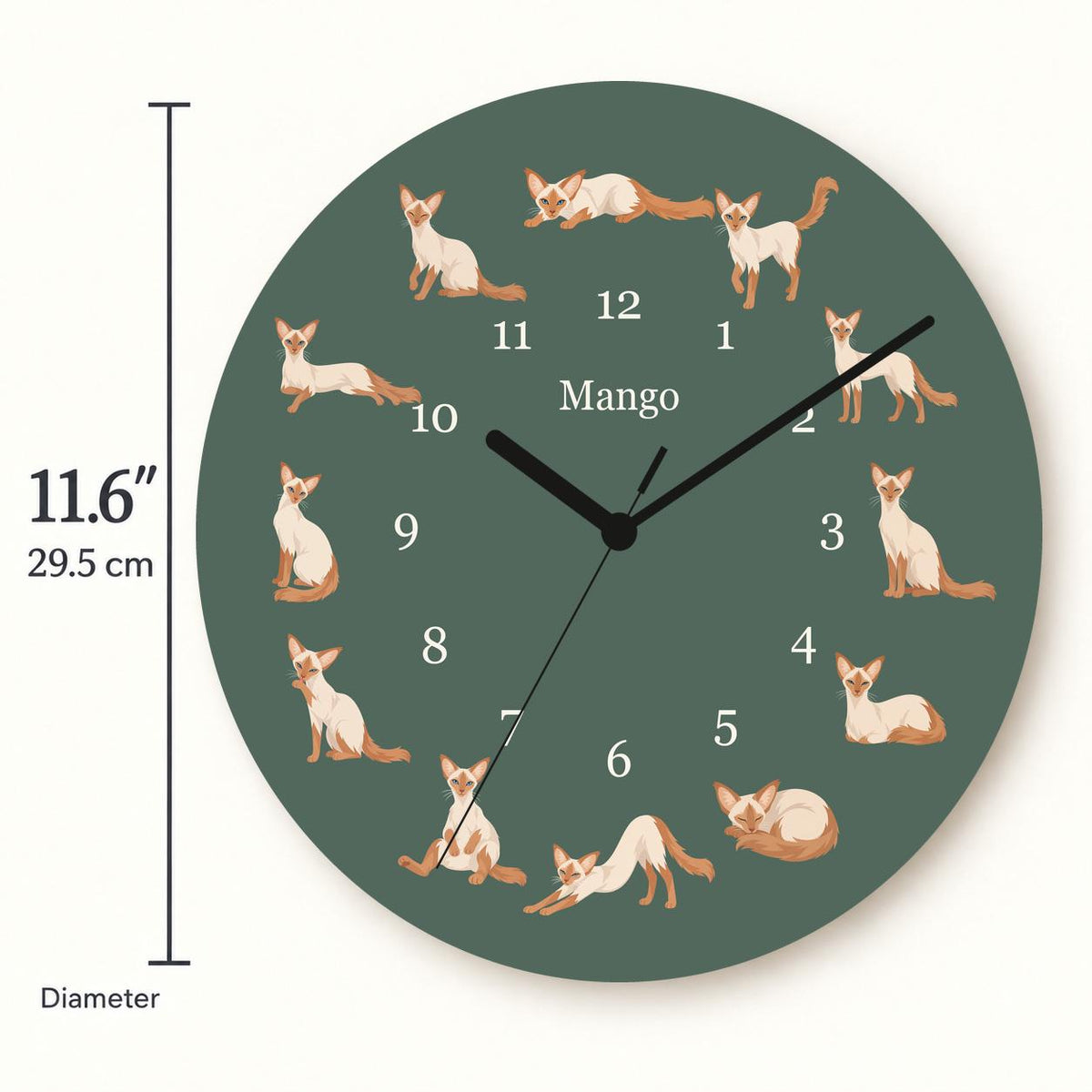 Personalized Javanese Cat wooden wall clock with example name Mango; size
