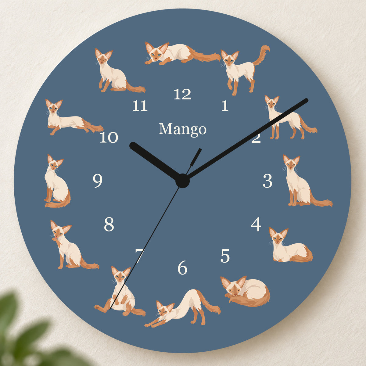 Personalized Javanese Cat Wall Clock, Custom Pet Name, 11.6 Inch Wooden Clock — Muted Denim background