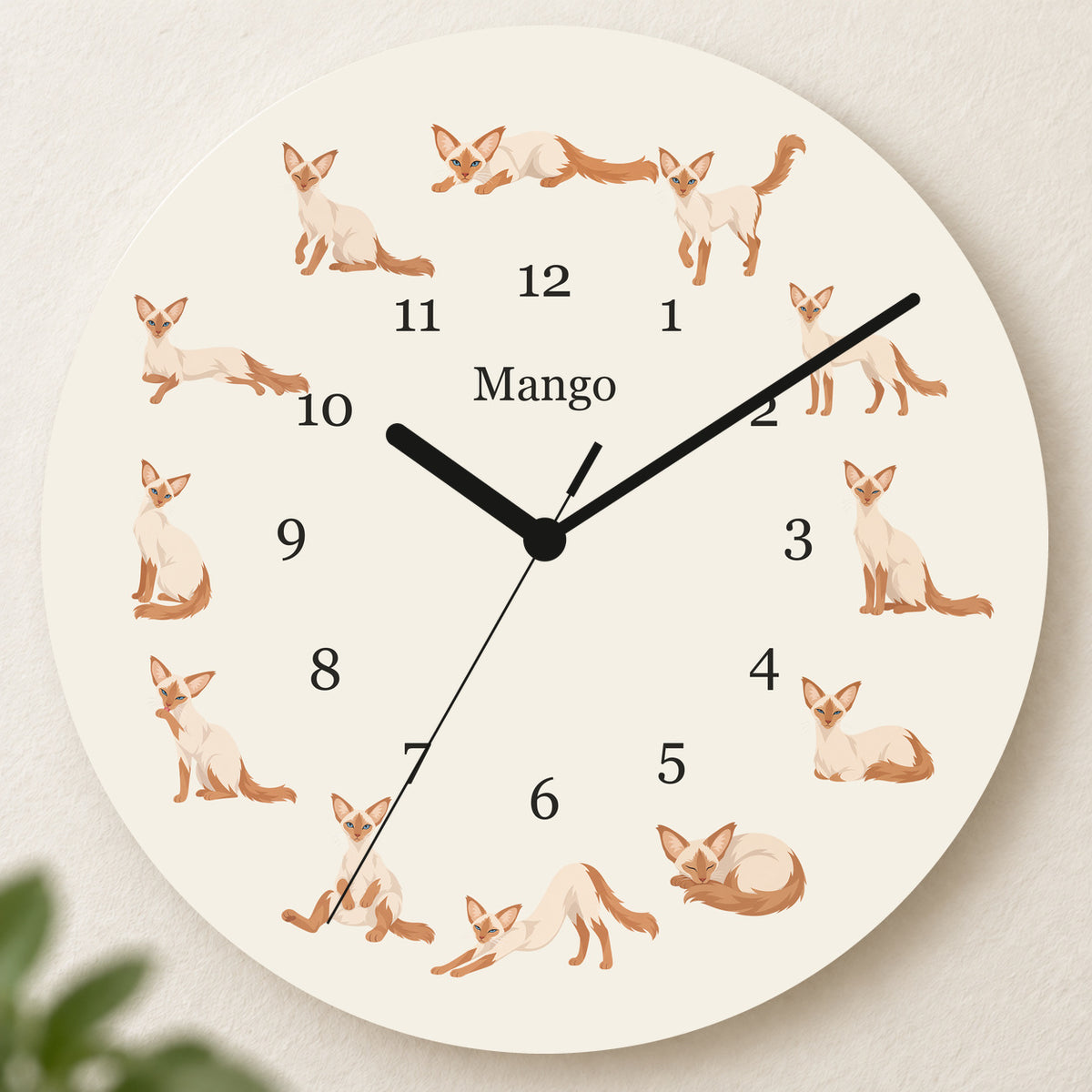 Personalized Javanese Cat Wall Clock, Custom Pet Name, 11.6 Inch Wooden Clock — Warm Ivory background