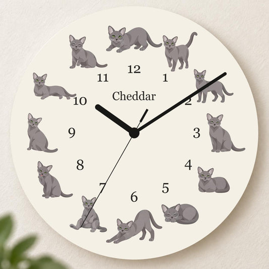 Personalized Korat Cat wooden wall clock with example name Cheddar; hero