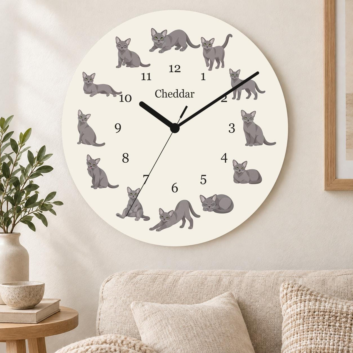 Personalized Korat Cat wooden wall clock with example name Cheddar; living room