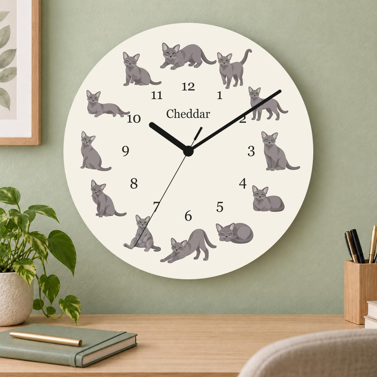 Personalized Korat Cat wooden wall clock with example name Cheddar; home office