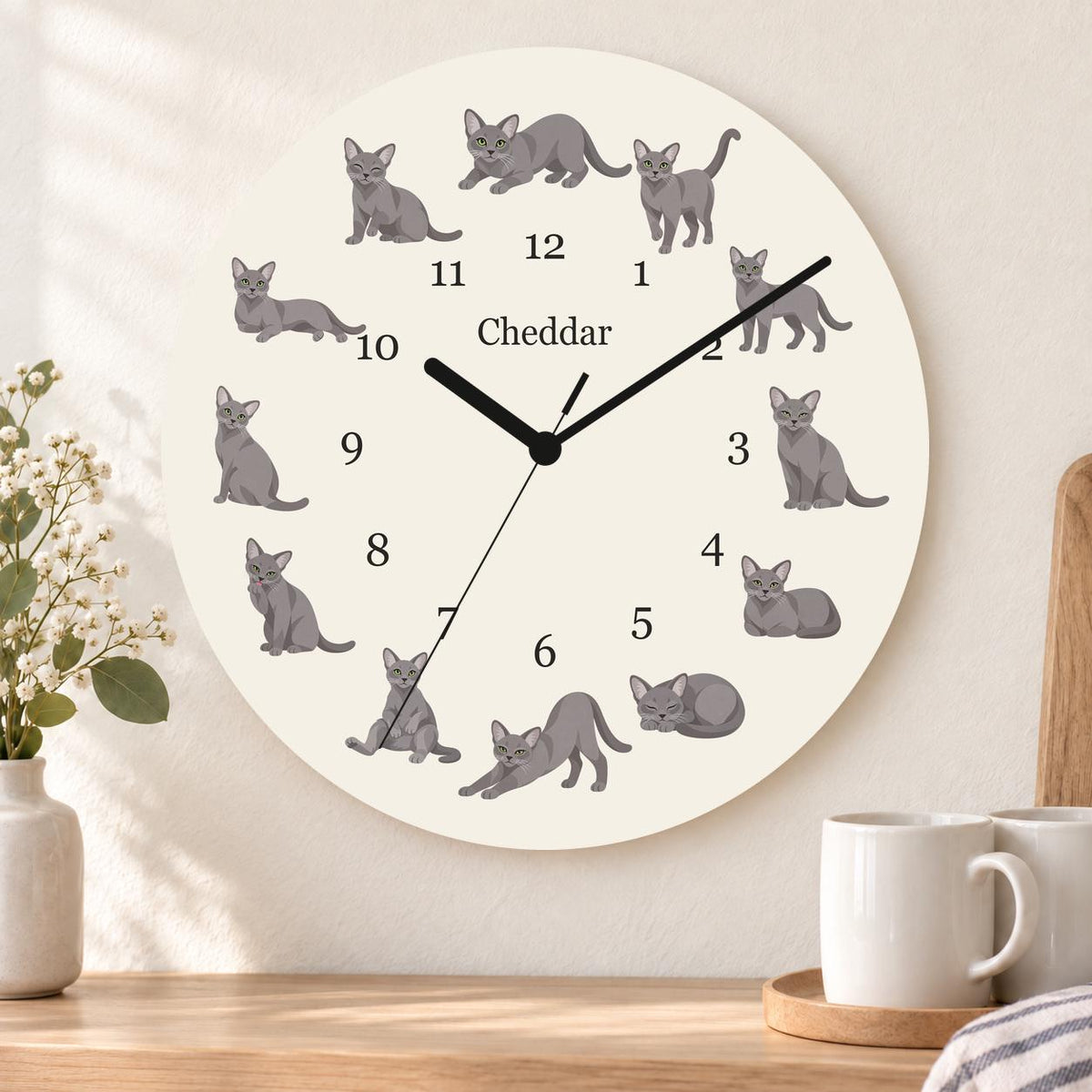 Personalized Korat Cat wooden wall clock with example name Cheddar; kitchen