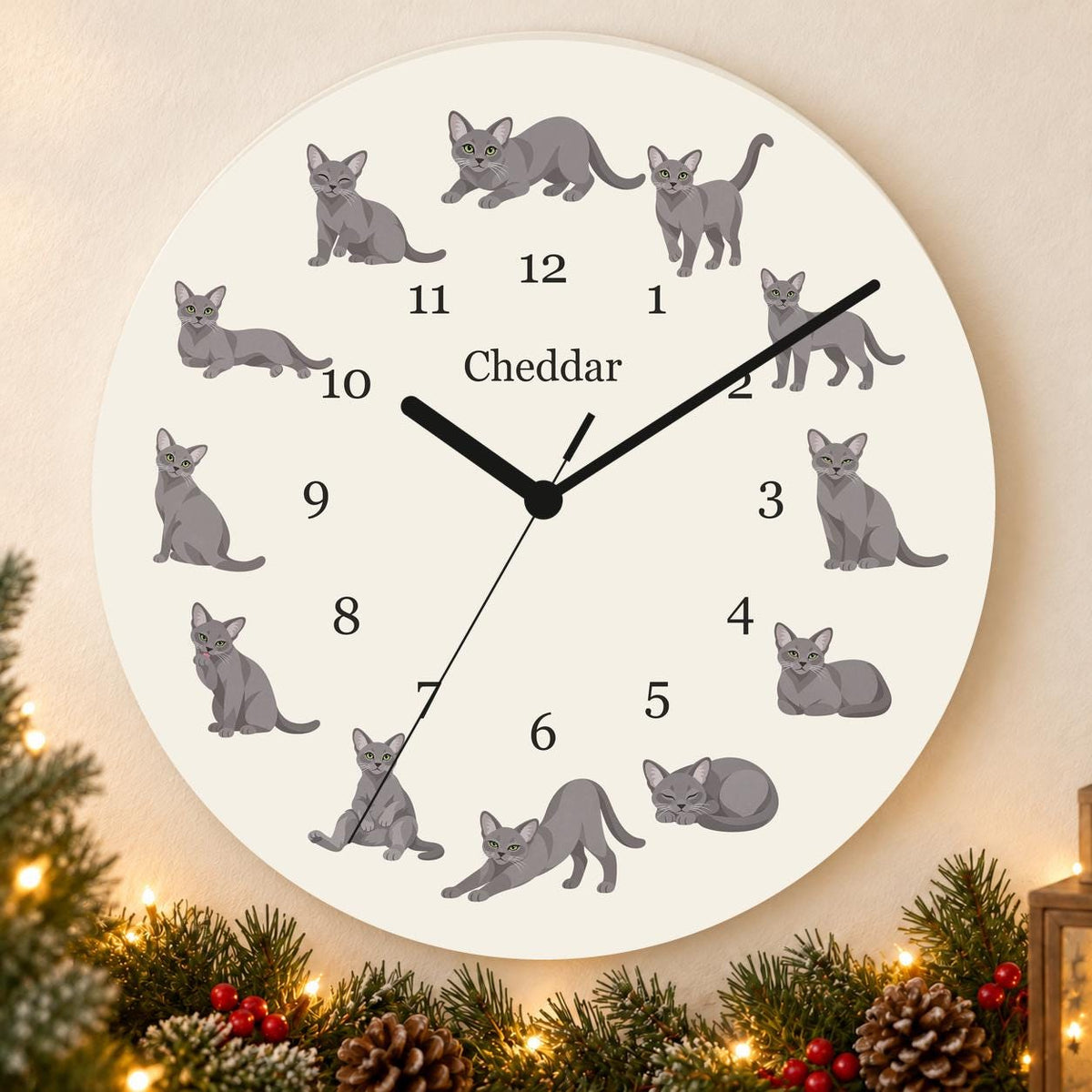 Personalized Korat Cat wooden wall clock with example name Cheddar; holiday