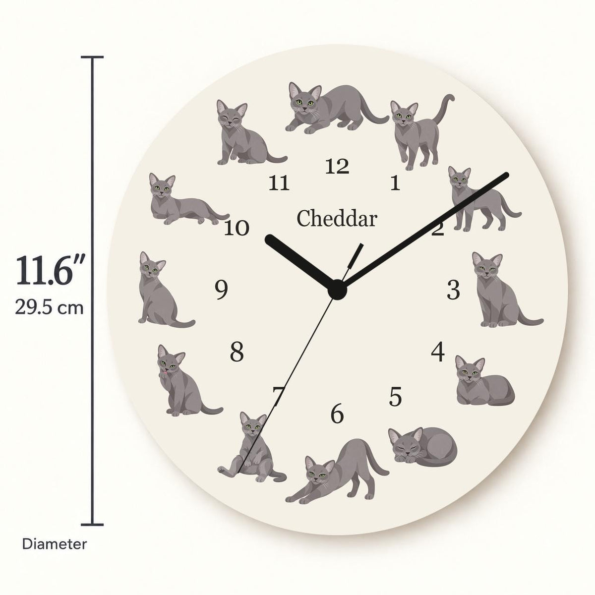 Personalized Korat Cat wooden wall clock with example name Cheddar; size