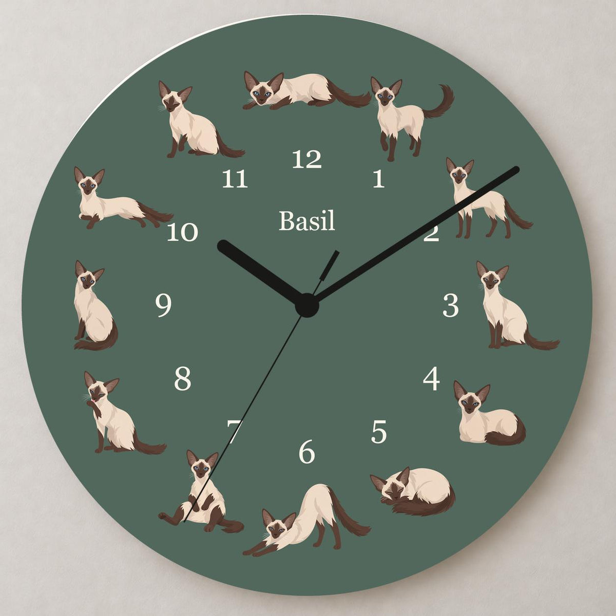 Personalized Balinese Cat wooden wall clock with example name Basil; close up