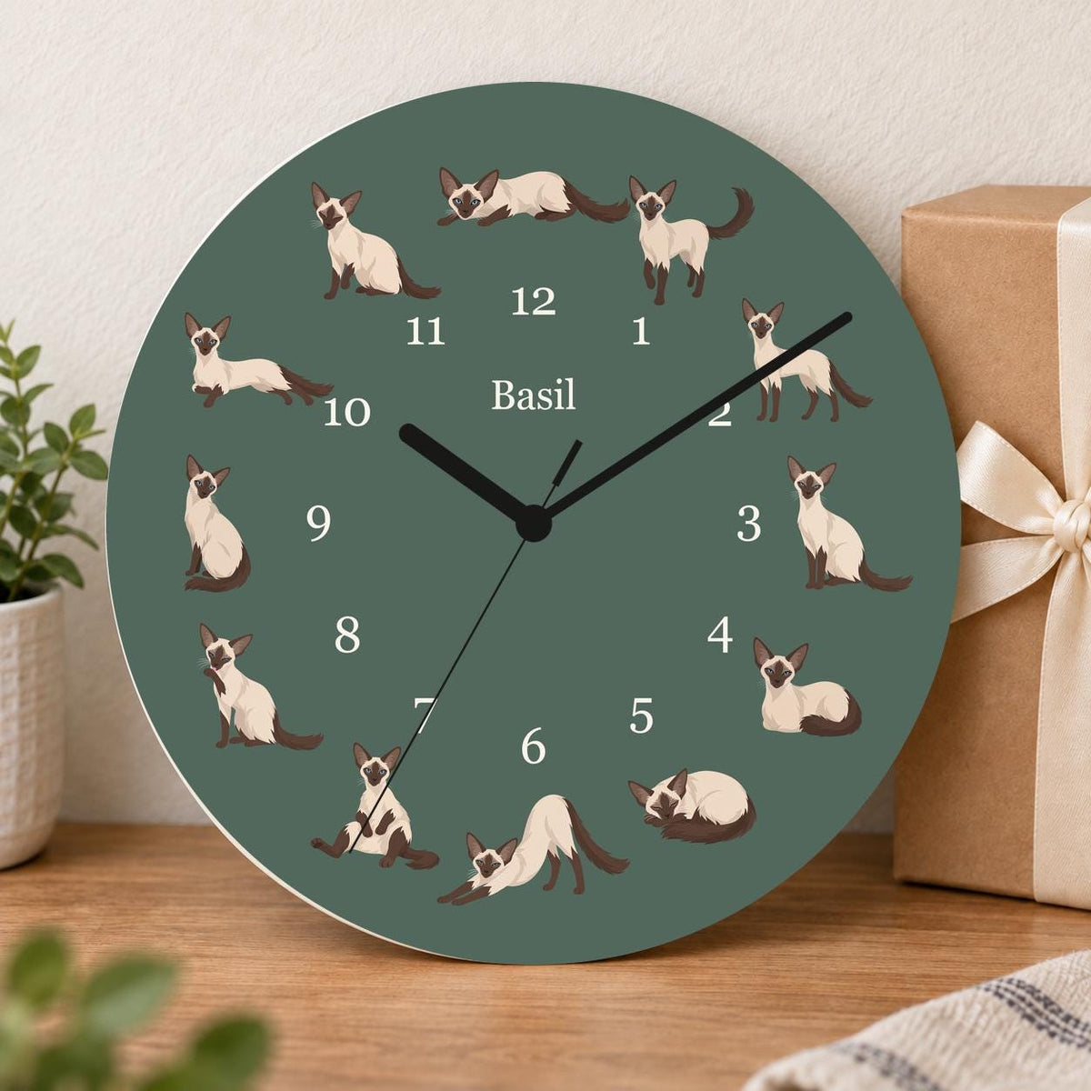Personalized Balinese Cat wooden wall clock with example name Basil; gift