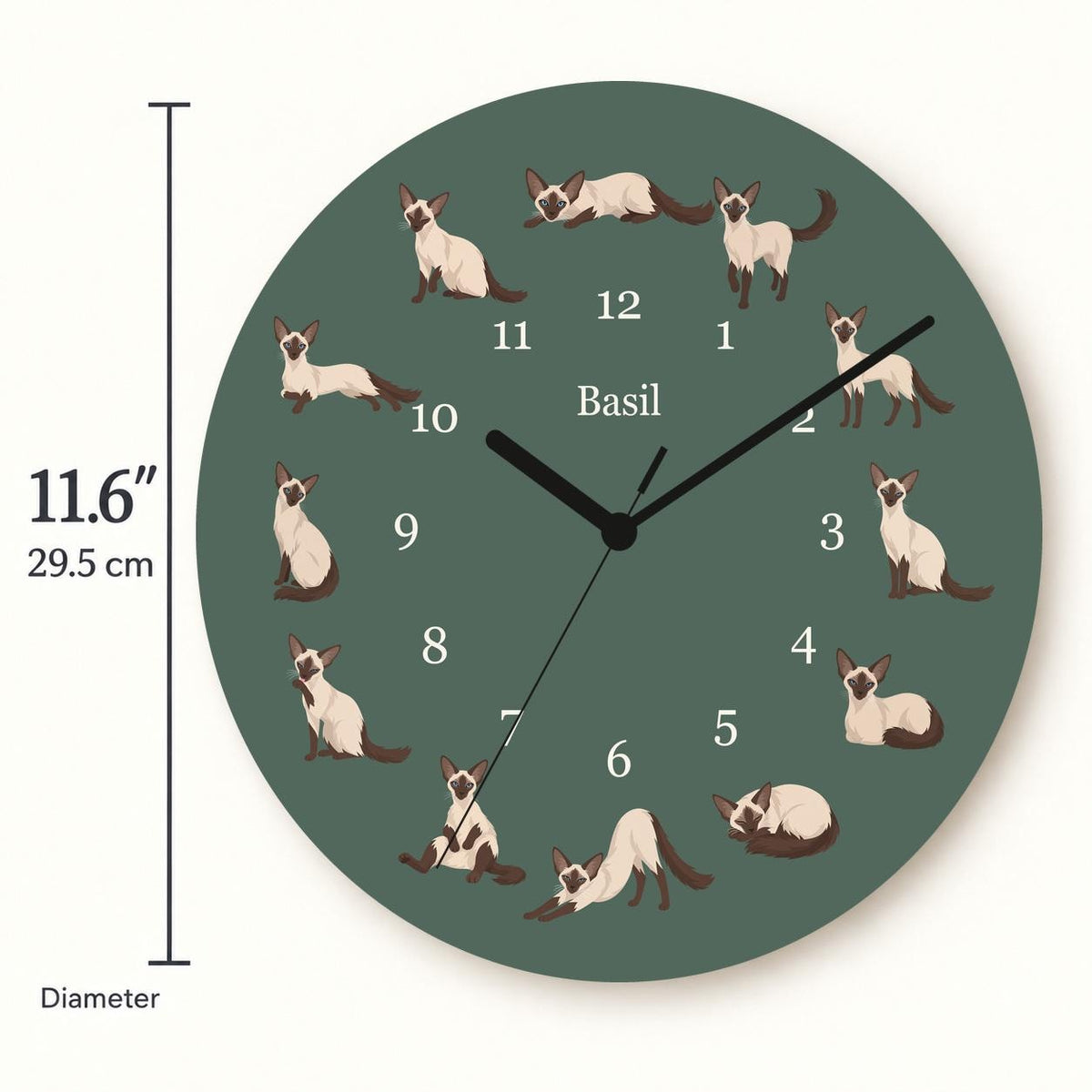 Personalized Balinese Cat wooden wall clock with example name Basil; size