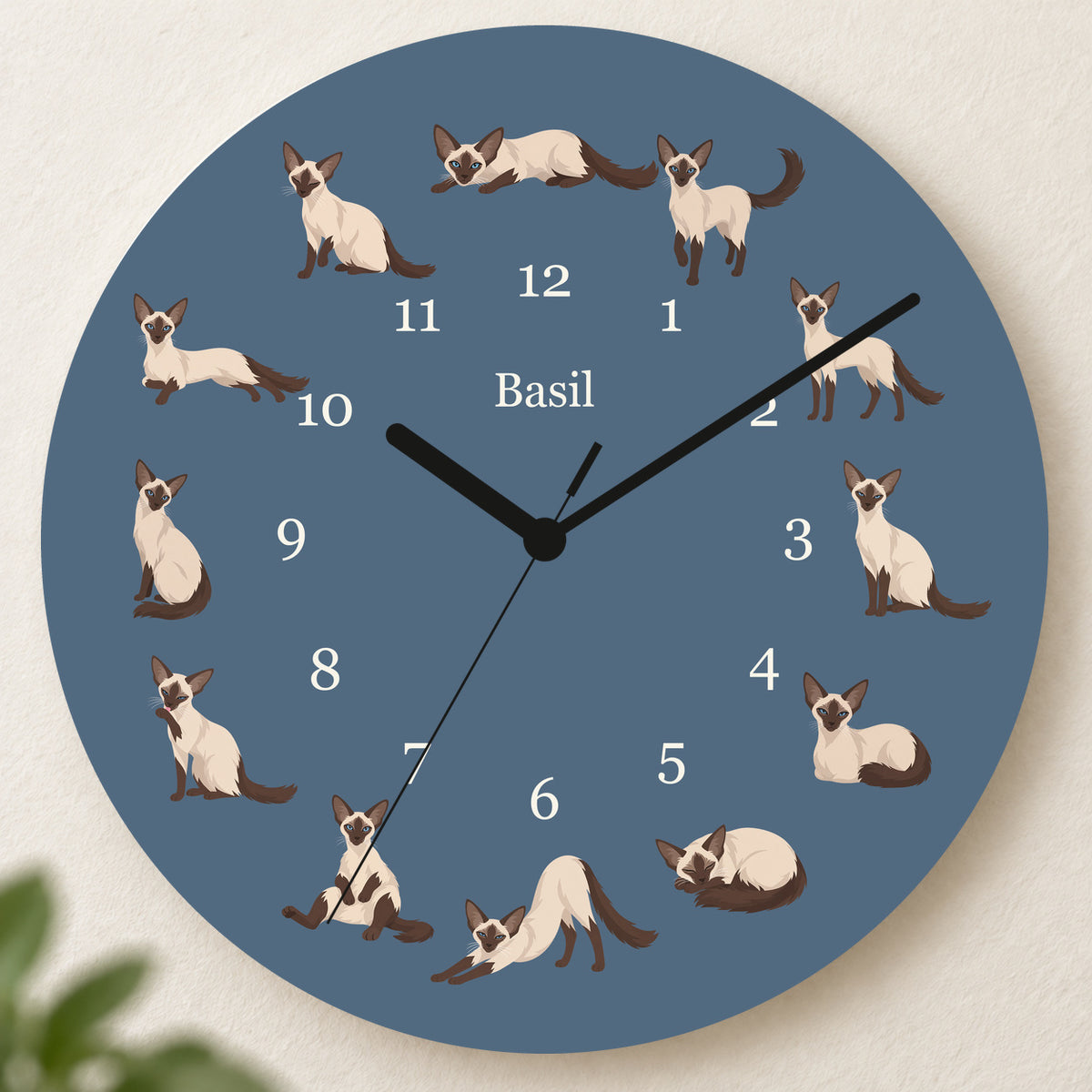 Personalized Balinese Cat Wall Clock, Custom Pet Name, 11.6 Inch Wooden Clock — Muted Denim background