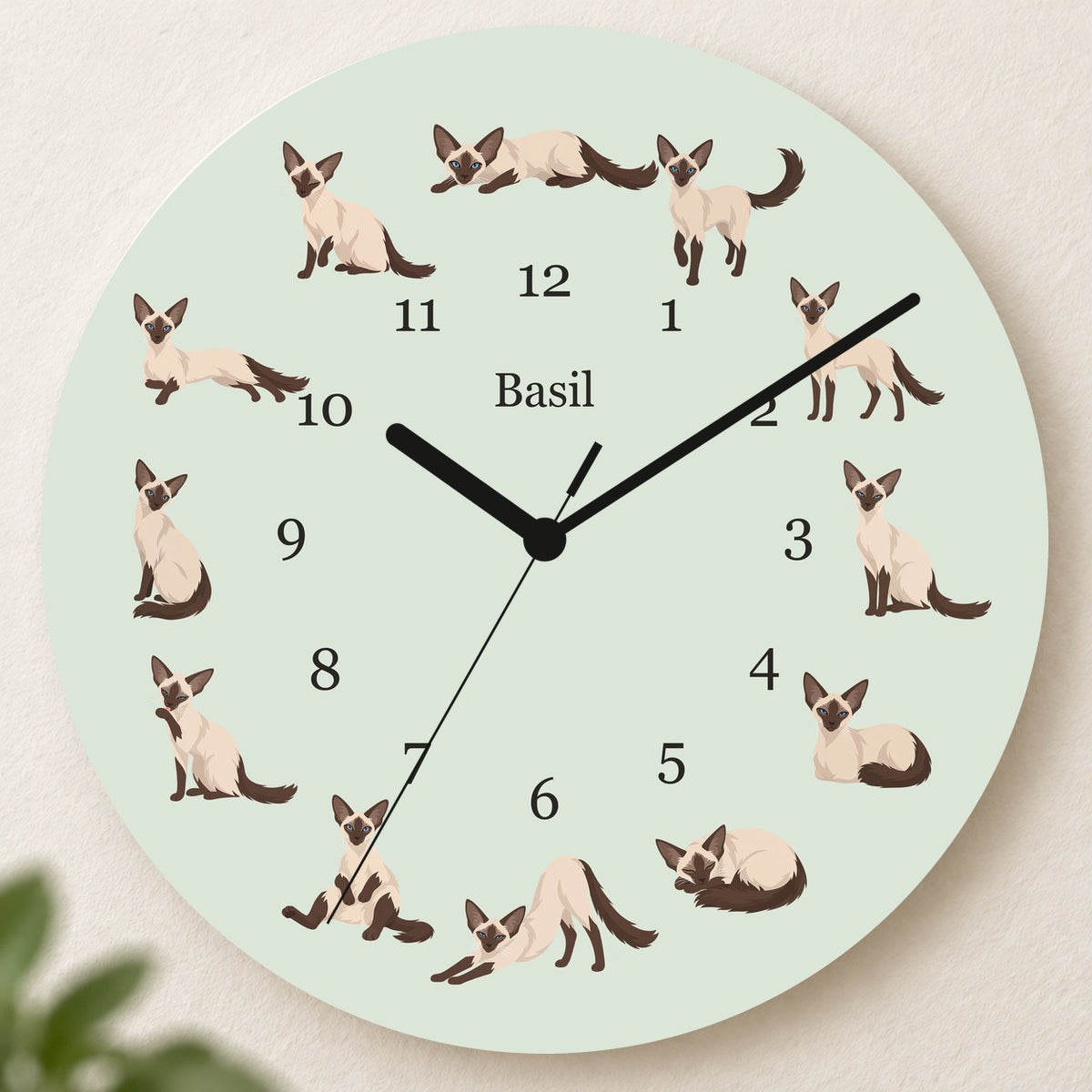 Personalized Balinese Cat Wall Clock, Custom Pet Name, 11.6 Inch Wooden Clock — Pale Sage background