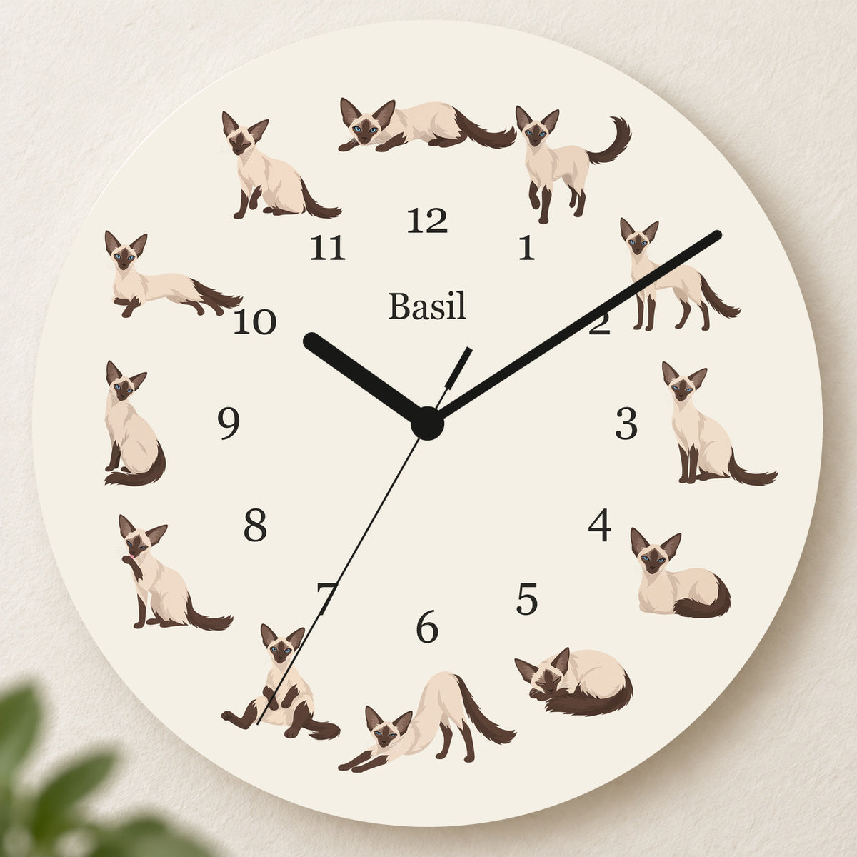 Personalized Balinese Cat Wall Clock, Custom Pet Name, 11.6 Inch Wooden Clock — Warm Ivory background