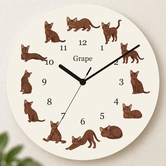 Personalized Havana Brown Cat wooden wall clock with example name Grape; hero
