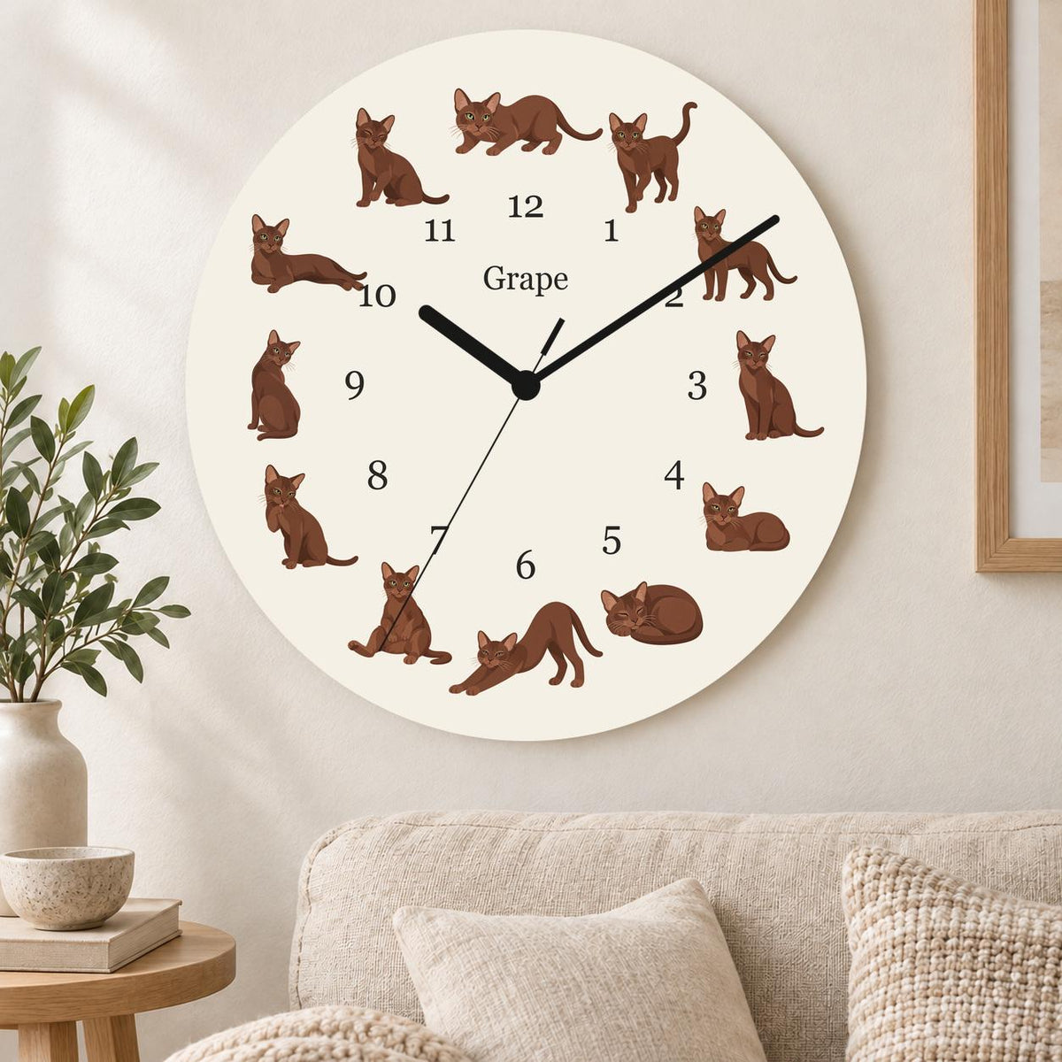 Personalized Havana Brown Cat wooden wall clock with example name Grape; living room