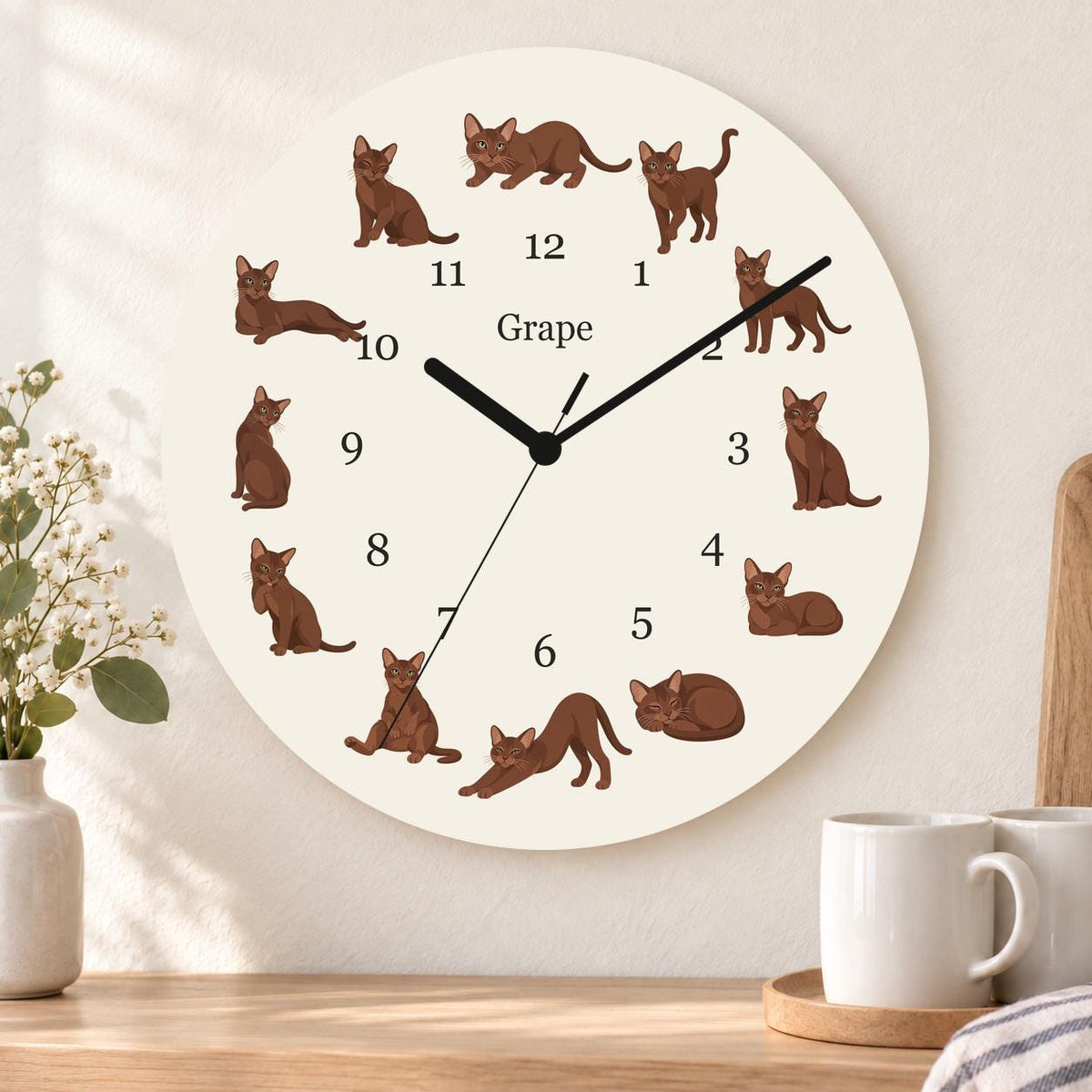 Personalized Havana Brown Cat wooden wall clock with example name Grape; kitchen